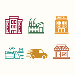 Icônes représentant des types de bâtiments : maison, usine, hôtel, ferme, livraison, boutique.