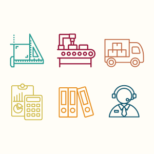 Icônes représentant des secteurs : ingénierie, production, transport, comptabilité, et support.